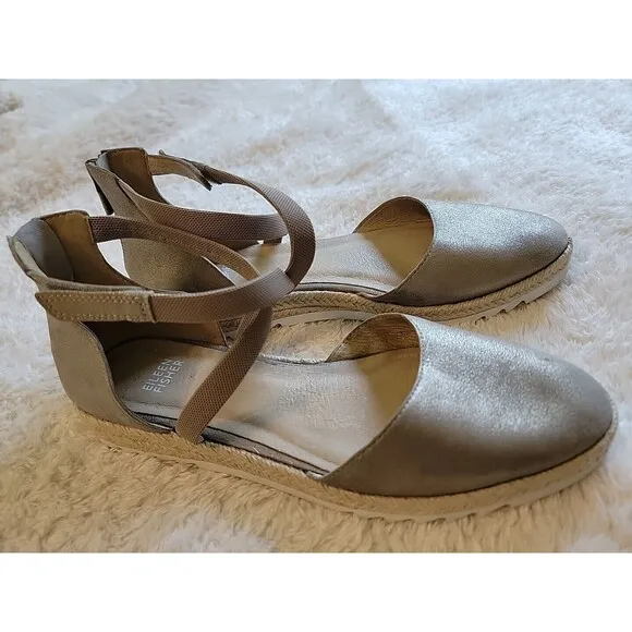 EILEEN FISHER Bisa Metallic Ankle Strap Zipper Back Flat Espadrille Shoes Sz 9.5