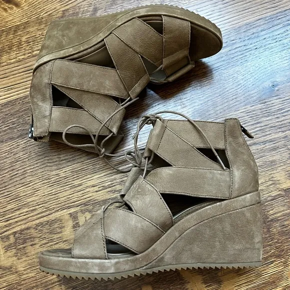 EILEEN FISHER Dibs Lace-Up Leather Wedge Sandals Brown Shoes Classic 6.5