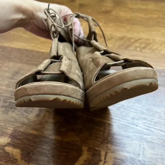 EILEEN FISHER Dibs Lace-Up Leather Wedge Sandals Brown Shoes Classic 6.5