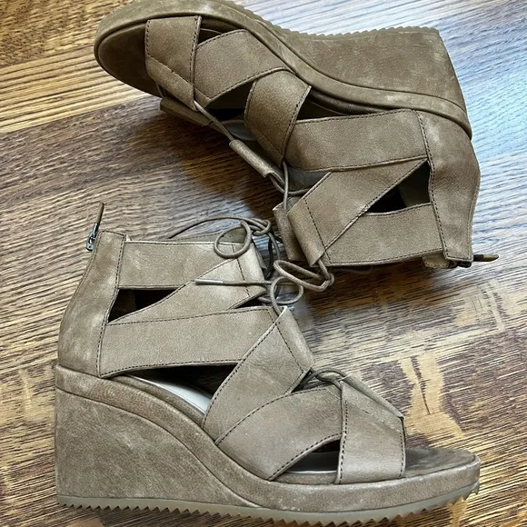 EILEEN FISHER Dibs Lace-Up Leather Wedge Sandals Brown Shoes Classic 6.5