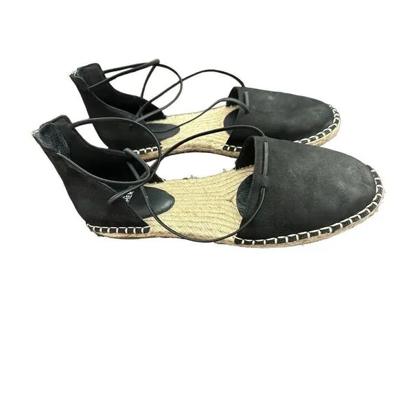 Eileen Fisher Flat Shoes Lace Leather Espadrille Wrap Sandal Black 8 Size: 81/2