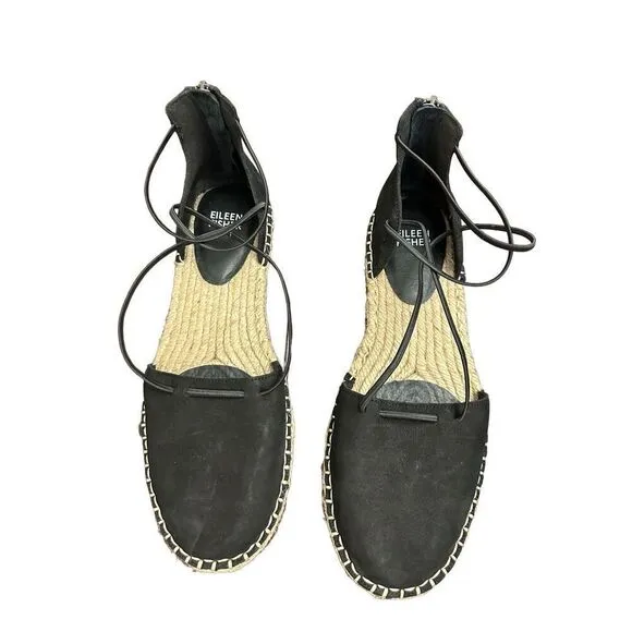 Eileen Fisher Flat Shoes Lace Leather Espadrille Wrap Sandal Black 8 Size: 81/2