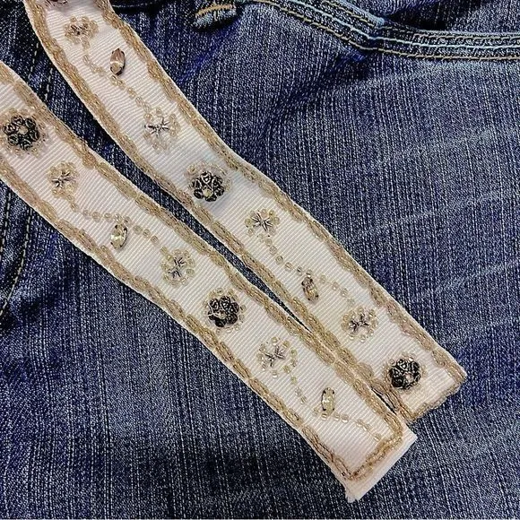 Elie Tahari Selvedge Denim with Cream Beaded Sash Belt‎ Bootcut Jeans— SZ 12 EUC