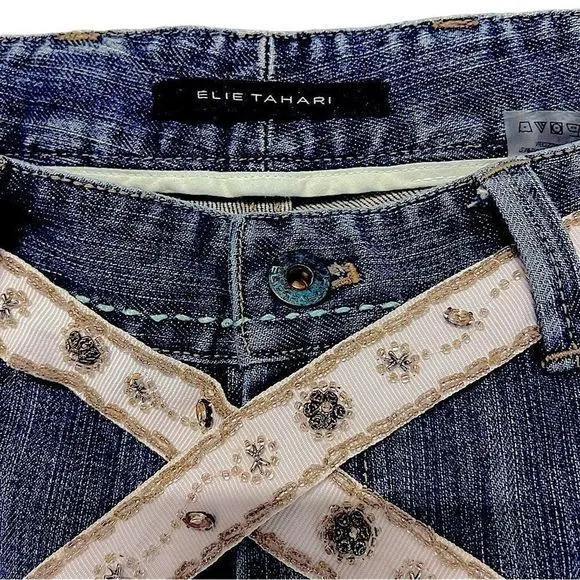 Elie Tahari Selvedge Denim with Cream Beaded Sash Belt‎ Bootcut Jeans— SZ 12 EUC