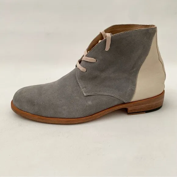 Esquivel Handmade Gray Ivory Leather Lace-up Flat Ankle Boots Sz 8 Womens