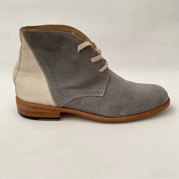 Esquivel Handmade Gray Ivory Leather Lace-up Flat Ankle Boots Sz 8 Womens