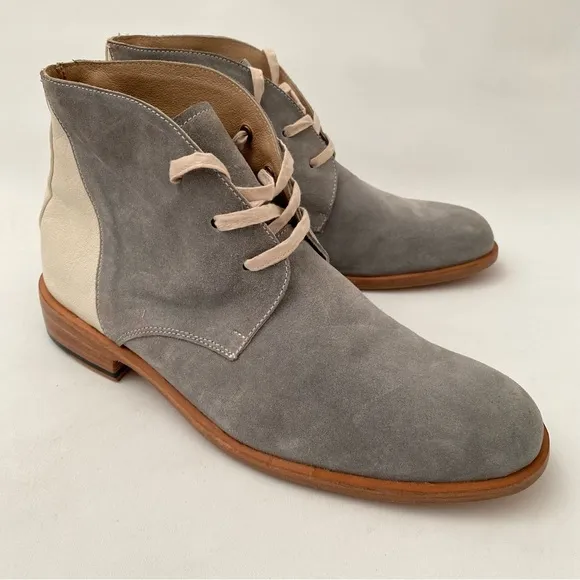 Esquivel Handmade Gray Ivory Leather Lace-up Flat Ankle Boots Sz 8 Womens