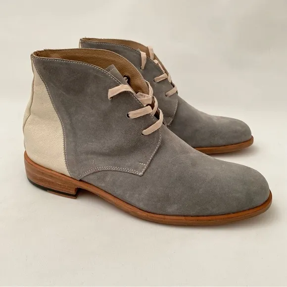Esquivel Handmade Gray Ivory Leather Lace-up Flat Ankle Boots Sz 8 Womens