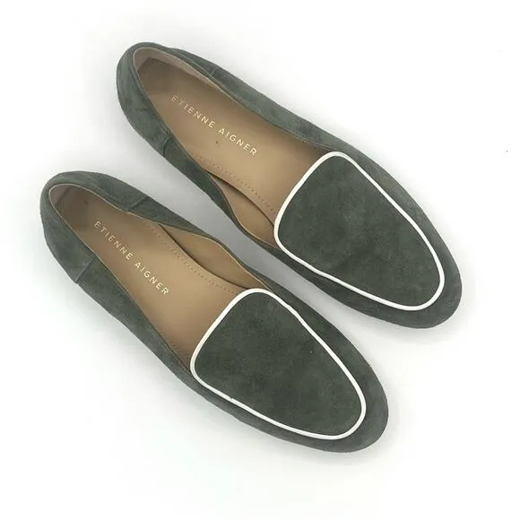 Etienne Aigner Camille suede loafers in sage green leather slip on shoes Sz  7.5