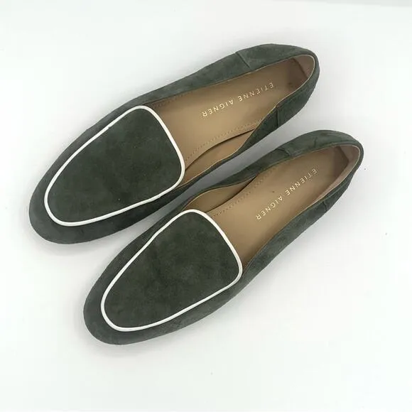 Etienne Aigner Camille suede loafers in sage green leather slip on shoes Sz  7.5