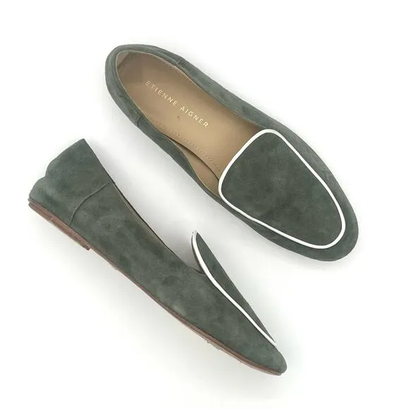Etienne Aigner Camille suede loafers in sage green leather slip on shoes Sz  7.5