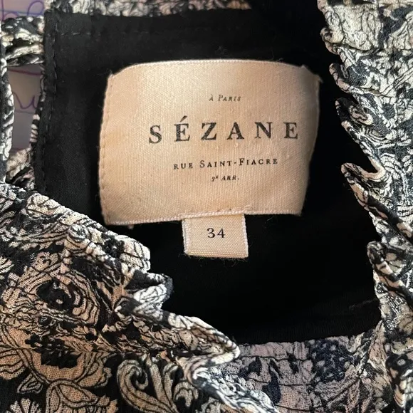 EUC Sezane Odile Chiffon Paisley Mini Dress Black Ecru 34, XS