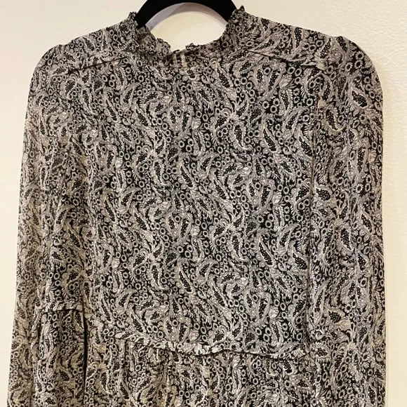 EUC Sezane Odile Chiffon Paisley Mini Dress Black Ecru 34, XS