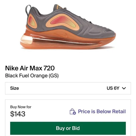 EUC Youth Size 6Y (Euro Sz 38.5) Nike Air Max 720 GS Sneakers Black Fuel Orange
