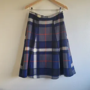 Eva Franco,Plaid A Line Midi length Skirt, Blue/Grey/Lt. Grey/Orange Red, Size 6