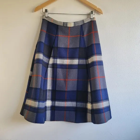 Eva Franco,Plaid A Line Midi length Skirt, Blue/Grey/Lt. Grey/Orange Red, Size 6