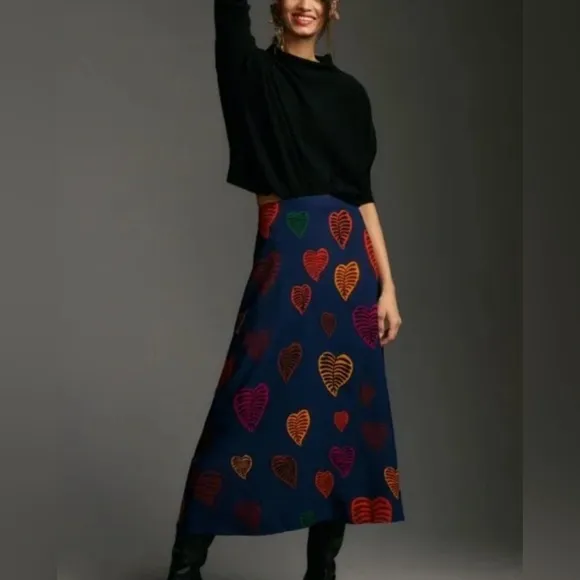 Farm Rio Slip Midi Skirt Hearts Leaves