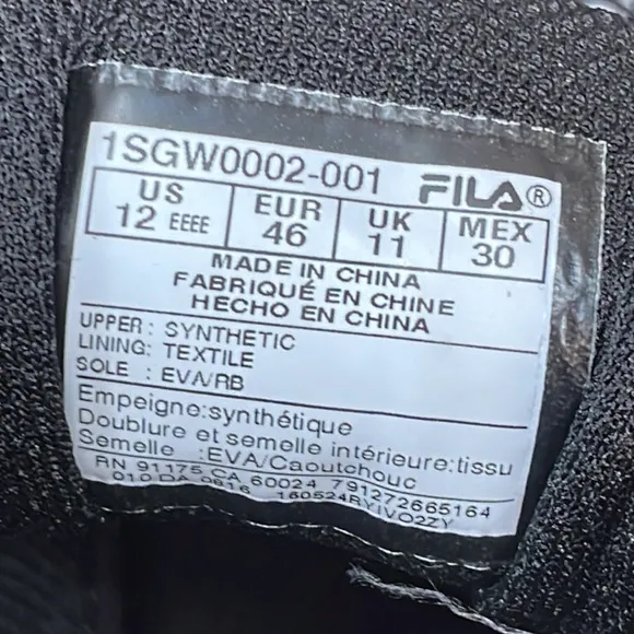 FILA Men's Memory Workshift Black Shoes Size: 12 EEEE