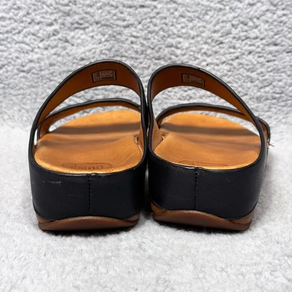 Fitflop Manyano Womens Size 7 Slide Sandals Shoes Black Tan Leather Beaded Wedge