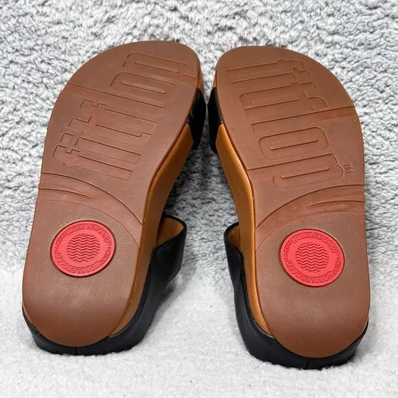 Fitflop Manyano Womens Size 7 Slide Sandals Shoes Black Tan Leather Beaded Wedge