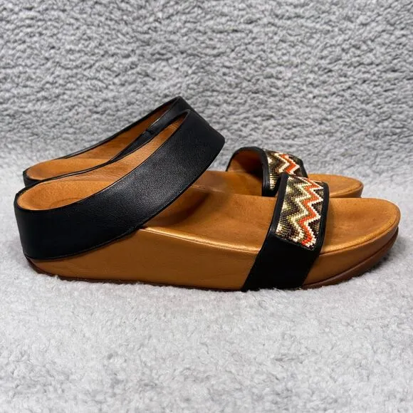 Fitflop Manyano Womens Size 7 Slide Sandals Shoes Black Tan Leather Beaded Wedge