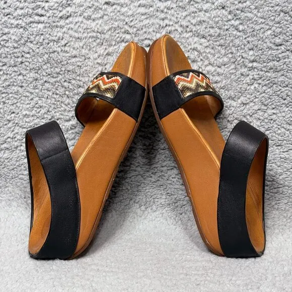 Fitflop Manyano Womens Size 7 Slide Sandals Shoes Black Tan Leather Beaded Wedge