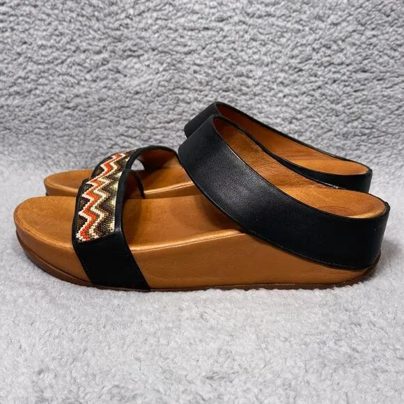 Fitflop Manyano Womens Size 7 Slide Sandals Shoes Black Tan Leather Beaded Wedge