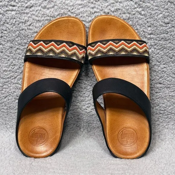 Fitflop Manyano Womens Size 7 Slide Sandals Shoes Black Tan Leather Beaded Wedge