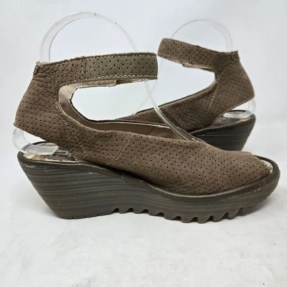 FLY LONDON Yala Suede Perforated Women's Brown Wedge Sandals Size 38