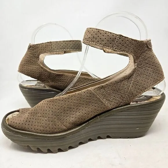 FLY LONDON Yala Suede Perforated Women's Brown Wedge Sandals Size 38