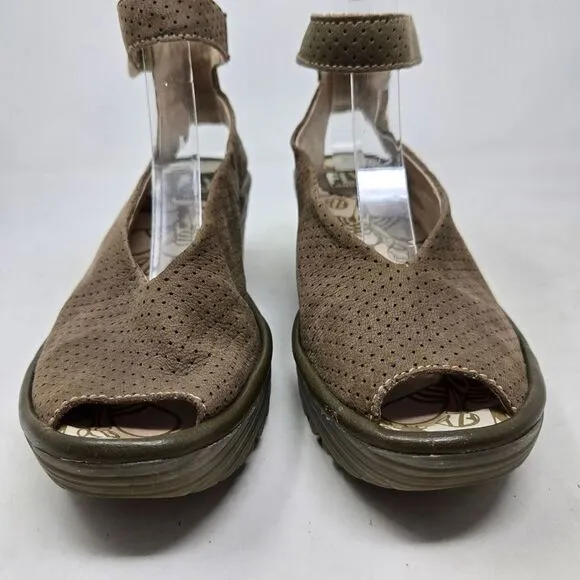 FLY LONDON Yala Suede Perforated Women's Brown Wedge Sandals Size 38