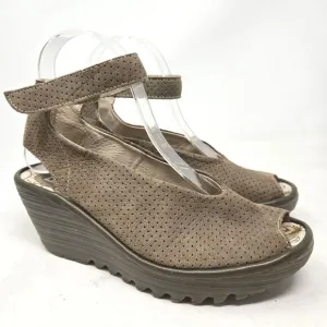 FLY LONDON Yala Suede Perforated Women's Brown Wedge Sandals Size 38
