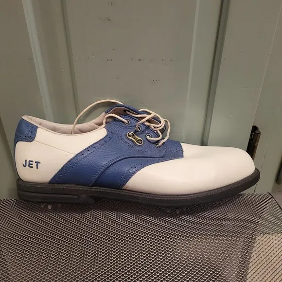 FootJoy MyJoys DryJoys Mens Size 8.5 White Blue Golf Shoes Softspikes *Jet*