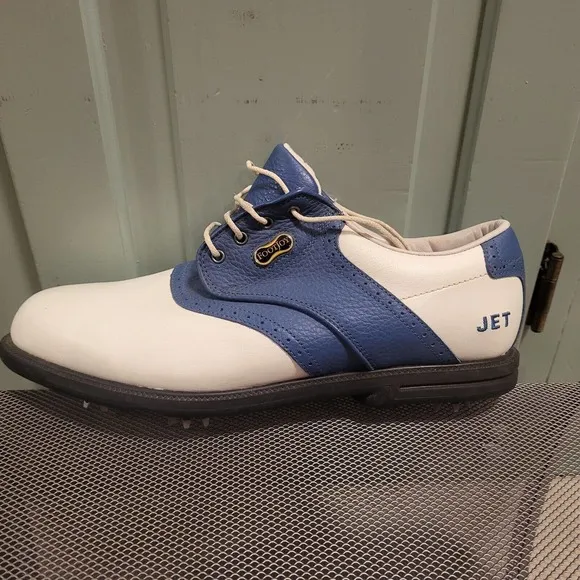 FootJoy MyJoys DryJoys Mens Size 8.5 White Blue Golf Shoes Softspikes *Jet*