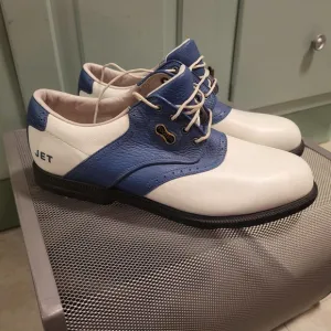 FootJoy MyJoys DryJoys Mens Size 8.5 White Blue Golf Shoes Softspikes *Jet*