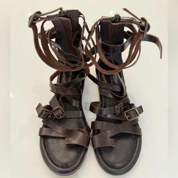 Free People 100% Leather Vanadia Gladiator Sandals, Distressed Brown, Size 8