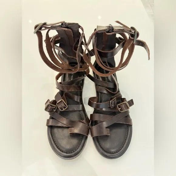 Free People 100% Leather Vanadia Gladiator Sandals, Distressed Brown, Size 8