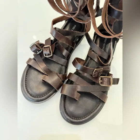 Free People 100% Leather Vanadia Gladiator Sandals, Distressed Brown, Size 8