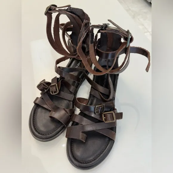 Free People 100% Leather Vanadia Gladiator Sandals, Distressed Brown, Size 8