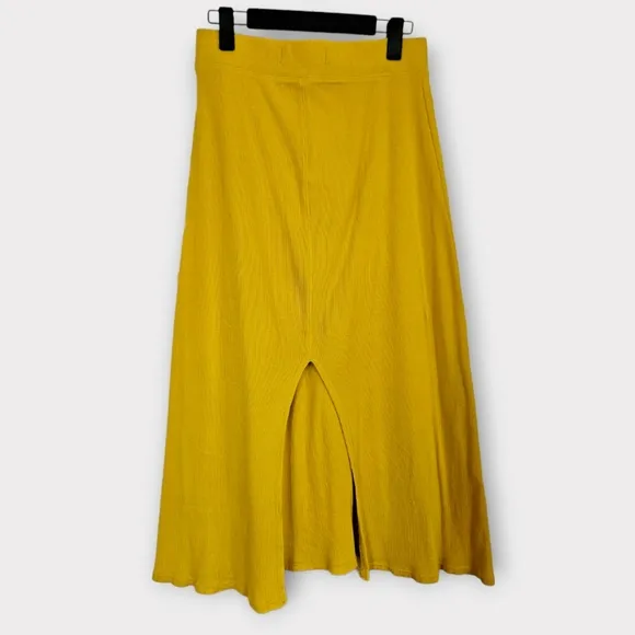 Free People Beach Ribbed Stretchy Back Slit High Waist Midi Skirt in Yellow M