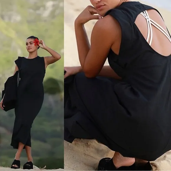 Free People Beach Simone Midi Dress Black Medium NWT