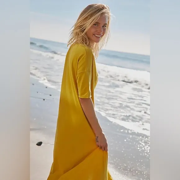 FREE PEOPLE Carter T-Shirt Dress - Dried Palm Yellow Beach Dress Related NEW $70