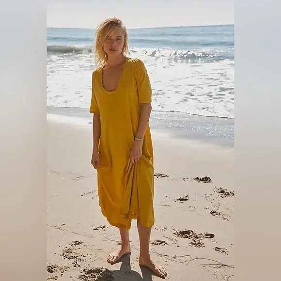 FREE PEOPLE Carter T-Shirt Dress - Dried Palm Yellow Beach Dress Related NEW $70