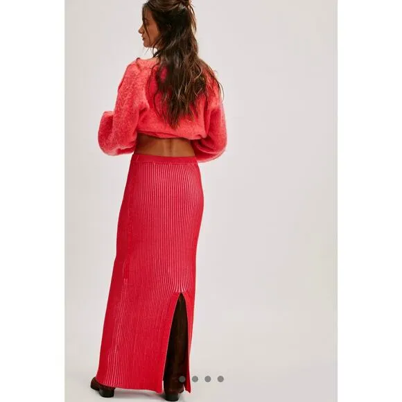 Free People Clara Hi Rise Knit Slit Back Maxi Skirt Brown Combo size S