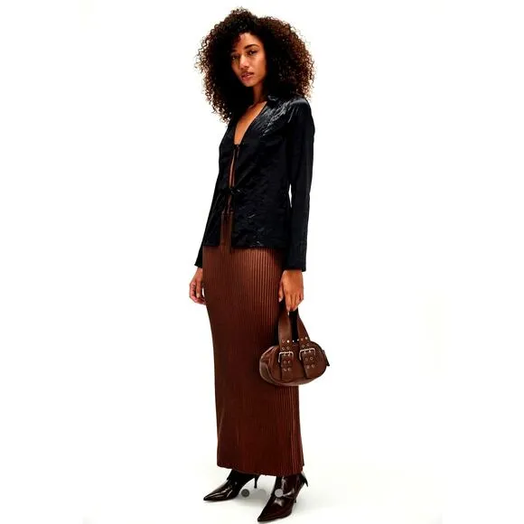 Free People Clara Hi Rise Knit Slit Back Maxi Skirt Brown Combo size S