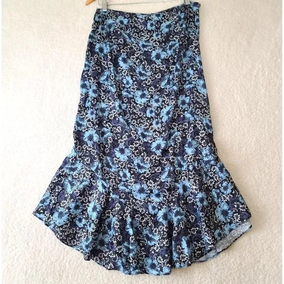 Free People Everything's Rosie Midi Skirt Sz 12 Blue Floral Ruffle Hem Boho NWT