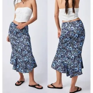 Free People Everything's Rosie Midi Skirt Sz 12 Blue Floral Ruffle Hem Boho NWT