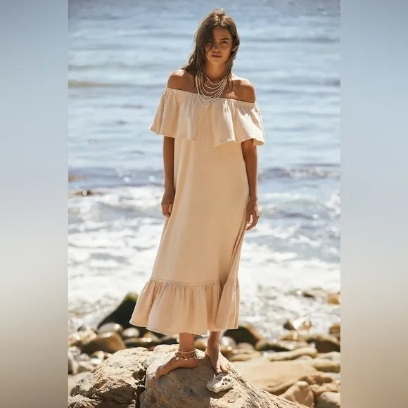 FREE PEOPLE “Lynne Midi” 100% cotton off shoulder women’s  dress Small NWT