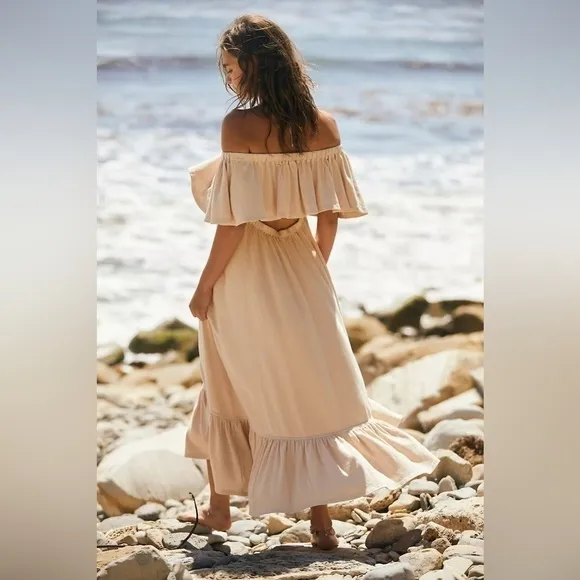 FREE PEOPLE “Lynne Midi” 100% cotton off shoulder women’s  dress Small NWT
