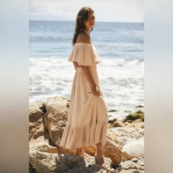 FREE PEOPLE “Lynne Midi” 100% cotton off shoulder women’s  dress Small NWT